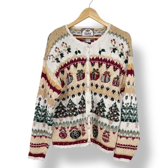 VINTAGE Tiara Ugly Christmas Cardigan Sweater Women’s Large - Picture 1 of 6